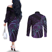 Teal Purple Polynesia Plumeria Tattoo Couples Matching Off The Shoulder Long Sleeve Dress and Long Sleeve Button Shirt