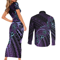 Teal Purple Polynesia Plumeria Tattoo Couples Matching Short Sleeve Bodycon Dress and Long Sleeve Button Shirt