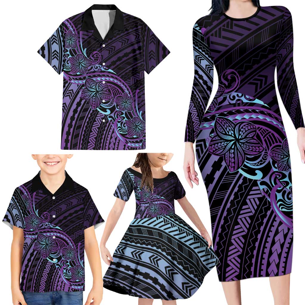 Teal Purple Polynesia Plumeria Tattoo Family Matching Long Sleeve Bodycon Dress and Hawaiian Shirt