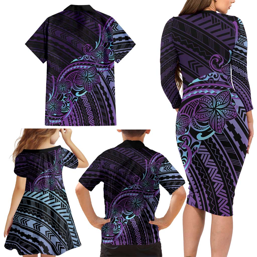 Teal Purple Polynesia Plumeria Tattoo Family Matching Long Sleeve Bodycon Dress and Hawaiian Shirt