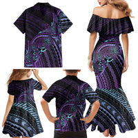 Teal Purple Polynesia Plumeria Tattoo Family Matching Mermaid Dress and Hawaiian Shirt