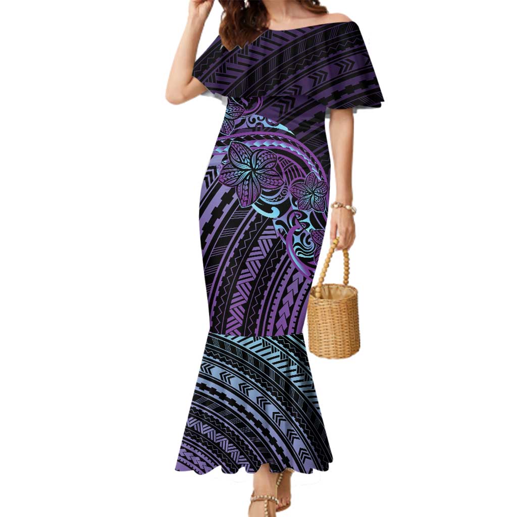 Teal Purple Polynesia Plumeria Tattoo Family Matching Mermaid Dress and Hawaiian Shirt