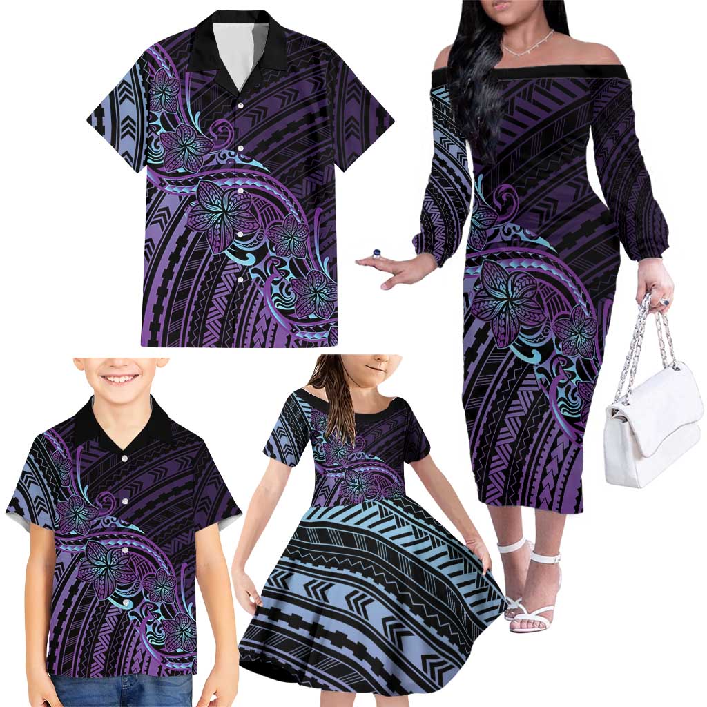 Teal Purple Polynesia Plumeria Tattoo Family Matching Off The Shoulder Long Sleeve Dress and Hawaiian Shirt