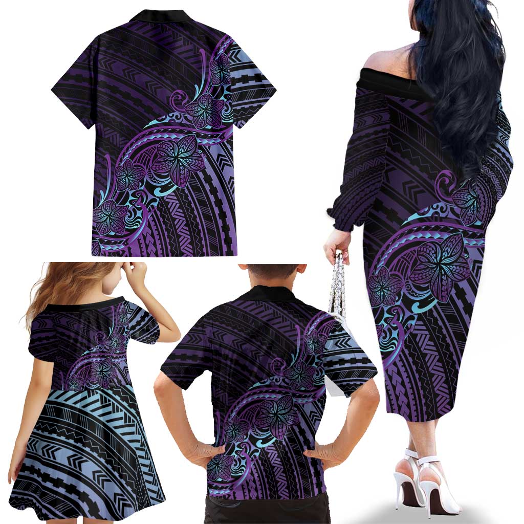 Teal Purple Polynesia Plumeria Tattoo Family Matching Off The Shoulder Long Sleeve Dress and Hawaiian Shirt