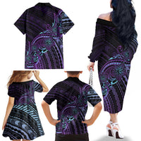Teal Purple Polynesia Plumeria Tattoo Family Matching Off The Shoulder Long Sleeve Dress and Hawaiian Shirt