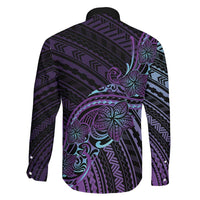 Teal Purple Polynesia Plumeria Tattoo Family Matching Off The Shoulder Long Sleeve Dress and Hawaiian Shirt