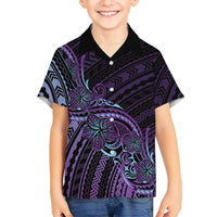 Teal Purple Polynesia Plumeria Tattoo Family Matching Off The Shoulder Long Sleeve Dress and Hawaiian Shirt