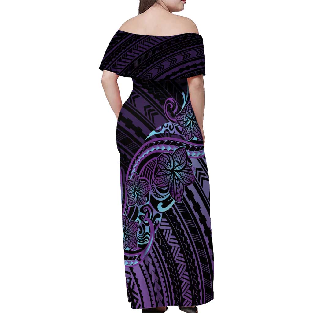 Teal Purple Polynesia Plumeria Tattoo Family Matching Off Shoulder Maxi Dress and Hawaiian Shirt