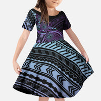 Teal Purple Polynesia Plumeria Tattoo Family Matching Off Shoulder Short Dress and Hawaiian Shirt