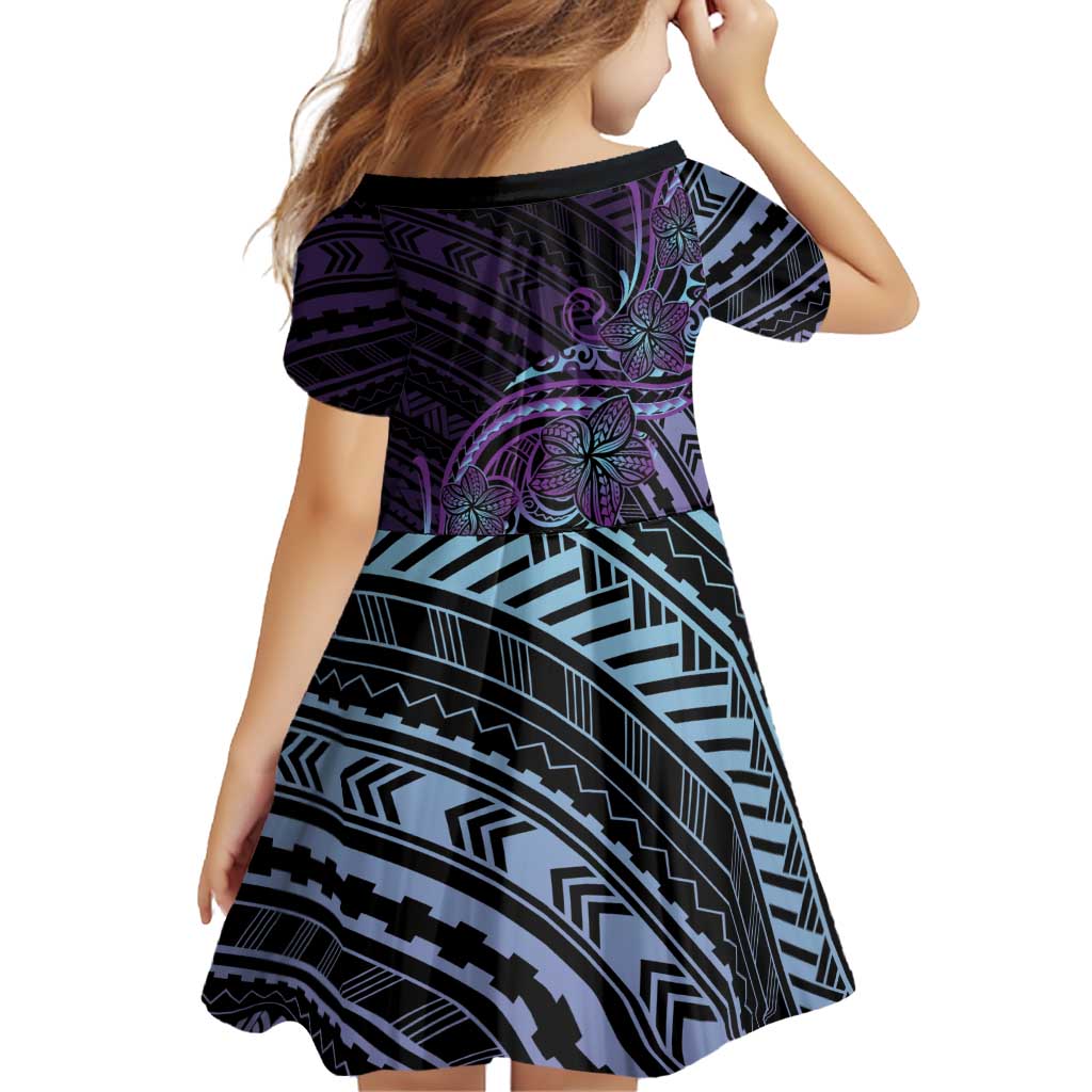 Teal Purple Polynesia Plumeria Tattoo Family Matching Off Shoulder Short Dress and Hawaiian Shirt