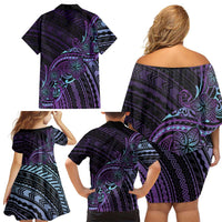 Teal Purple Polynesia Plumeria Tattoo Family Matching Off Shoulder Short Dress and Hawaiian Shirt