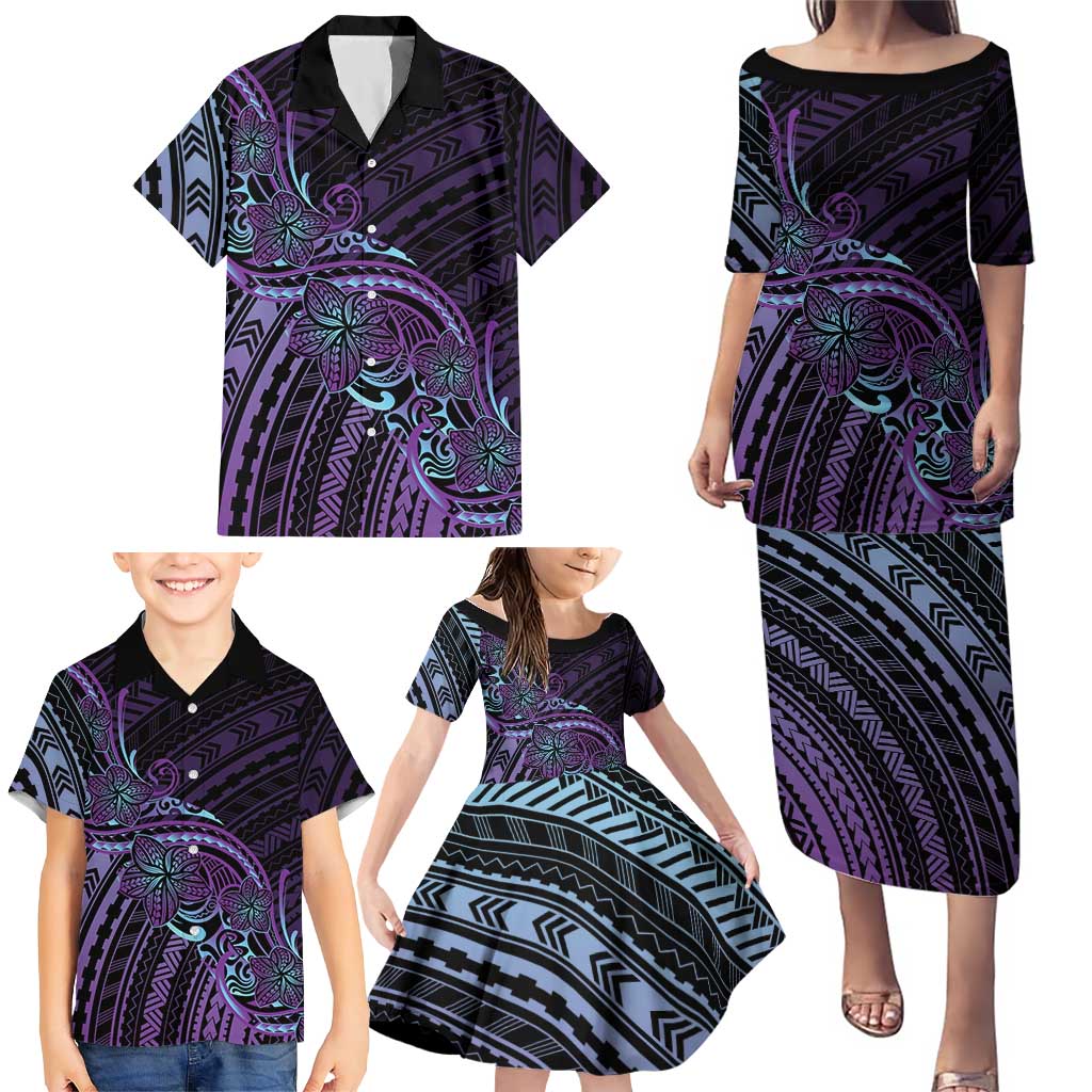 Teal Purple Polynesia Plumeria Tattoo Family Matching Puletasi and Hawaiian Shirt