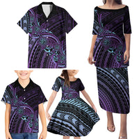 Teal Purple Polynesia Plumeria Tattoo Family Matching Puletasi and Hawaiian Shirt