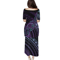 Teal Purple Polynesia Plumeria Tattoo Family Matching Puletasi and Hawaiian Shirt