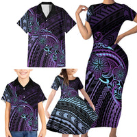 Teal Purple Polynesia Plumeria Tattoo Family Matching Short Sleeve Bodycon Dress and Hawaiian Shirt