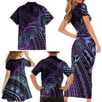 Teal Purple Polynesia Plumeria Tattoo Family Matching Short Sleeve Bodycon Dress and Hawaiian Shirt