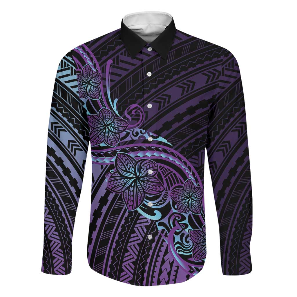 Teal Purple Polynesia Plumeria Tattoo Family Matching Short Sleeve Bodycon Dress and Hawaiian Shirt