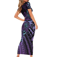 Teal Purple Polynesia Plumeria Tattoo Family Matching Short Sleeve Bodycon Dress and Hawaiian Shirt