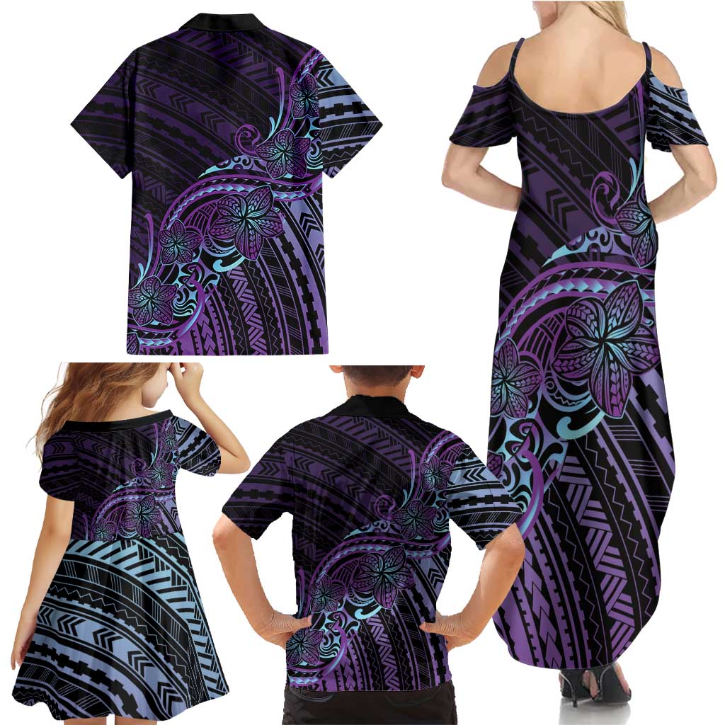 Teal Purple Polynesia Plumeria Tattoo Family Matching Summer Maxi Dress and Hawaiian Shirt