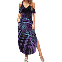 Teal Purple Polynesia Plumeria Tattoo Family Matching Summer Maxi Dress and Hawaiian Shirt
