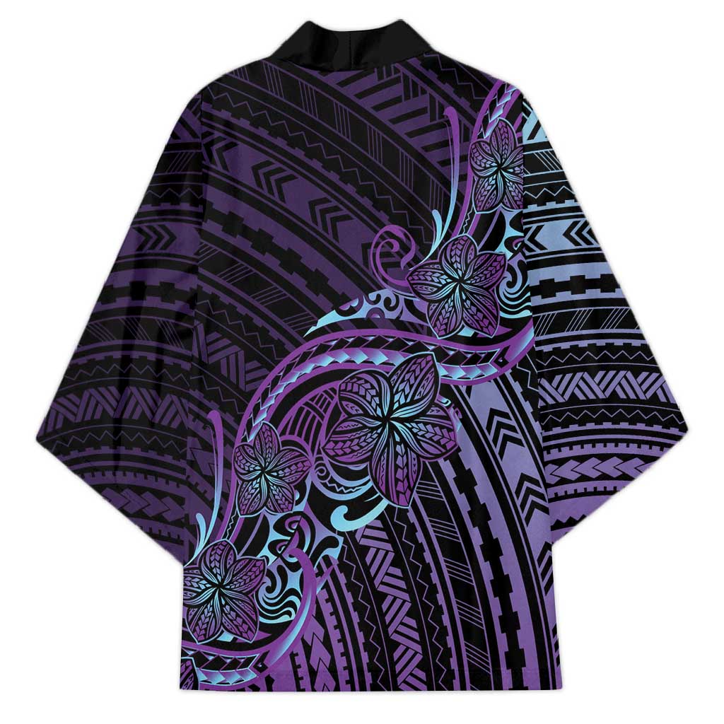 Teal Purple Polynesia Plumeria Tattoo Kimono