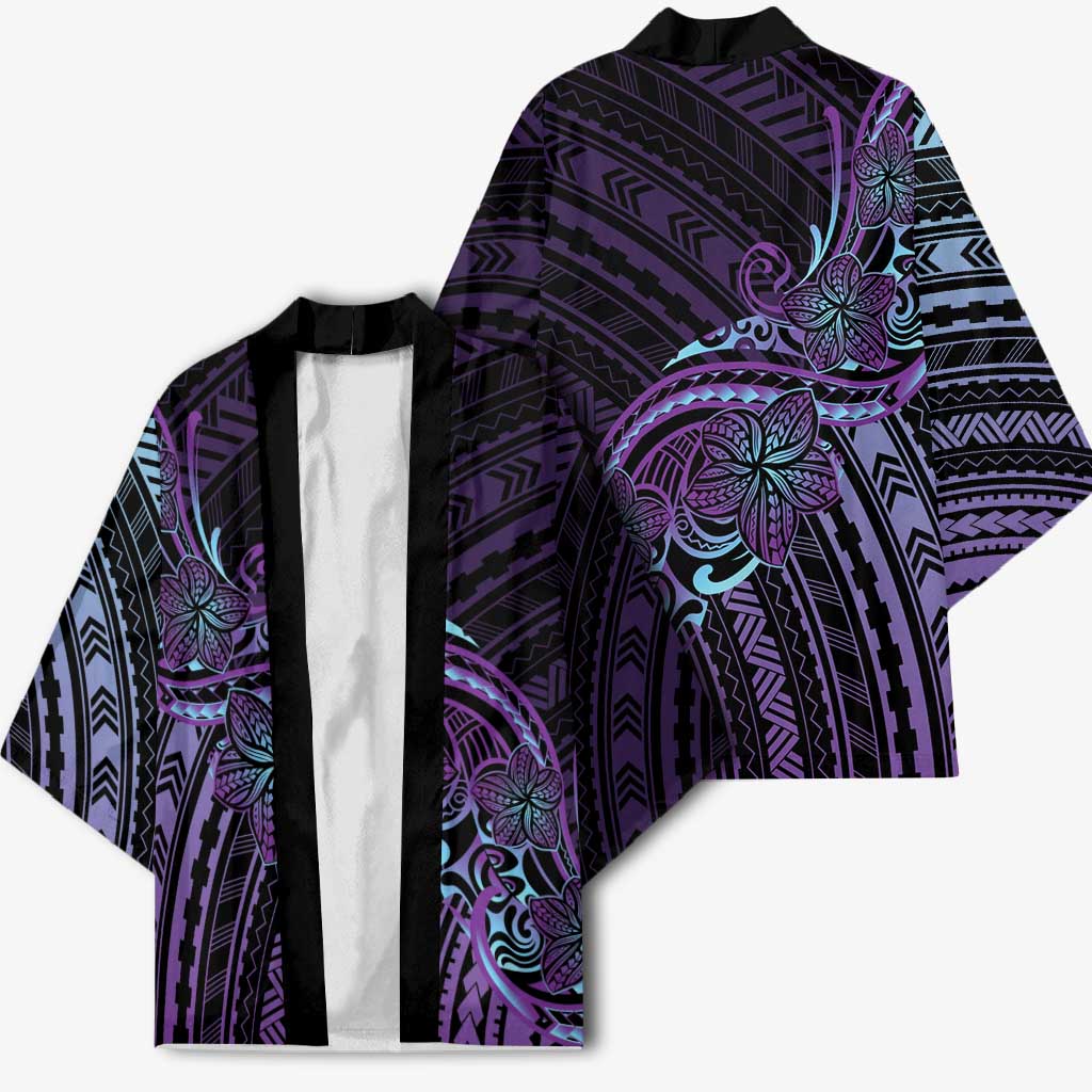 Teal Purple Polynesia Plumeria Tattoo Kimono