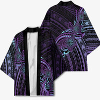 Teal Purple Polynesia Plumeria Tattoo Kimono