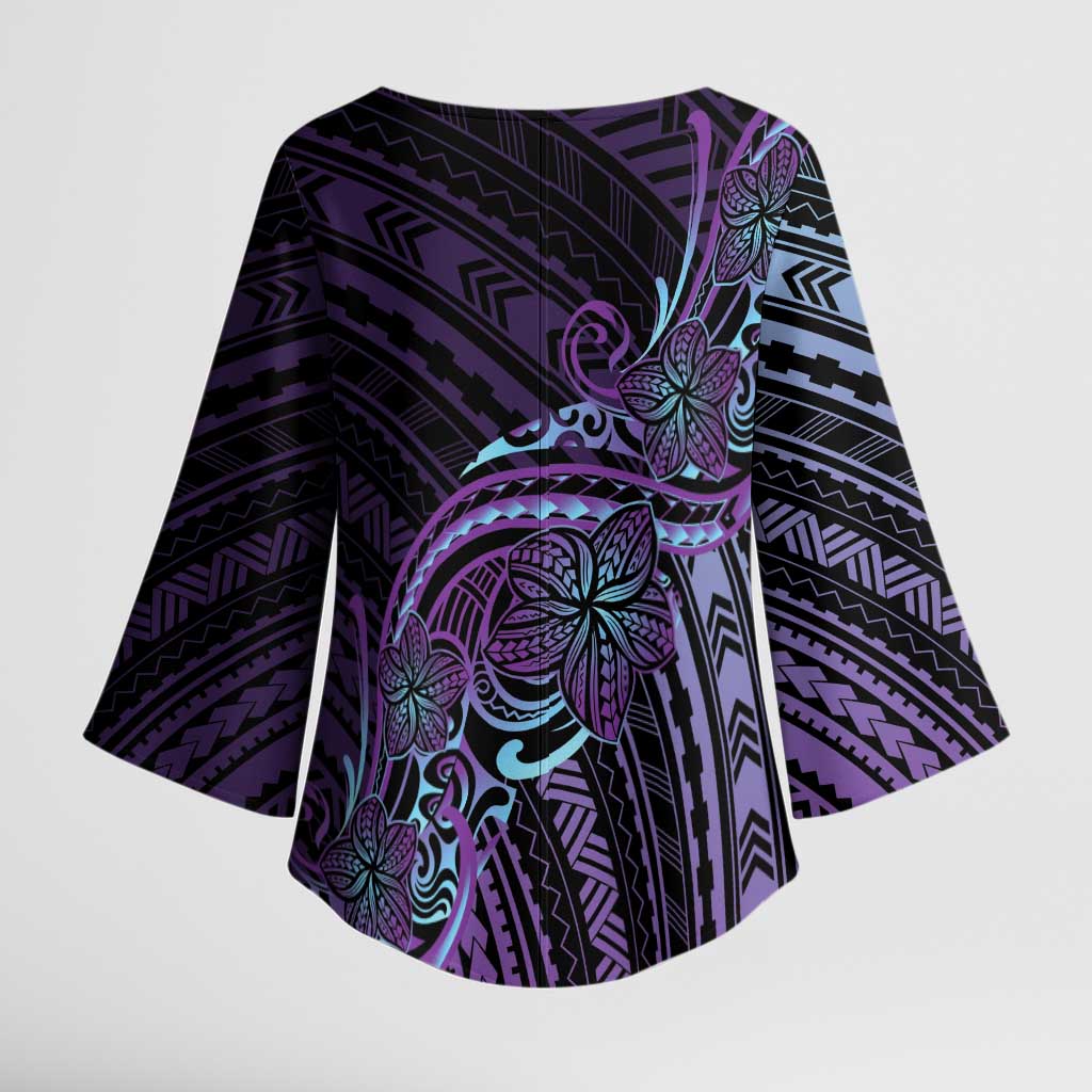 Teal Purple Polynesia Plumeria Tattoo Kimono Sleeve Blouse