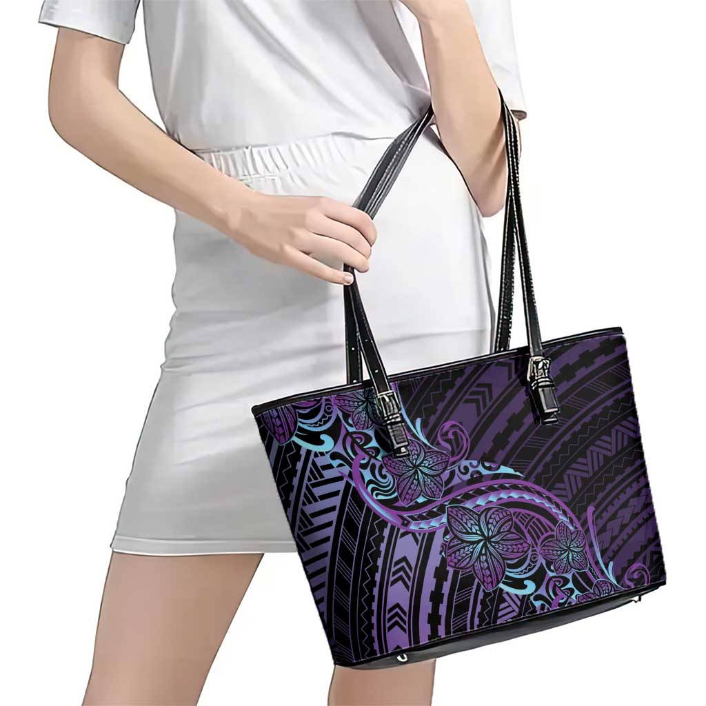 Teal Purple Polynesia Plumeria Tattoo Leather Tote Bag