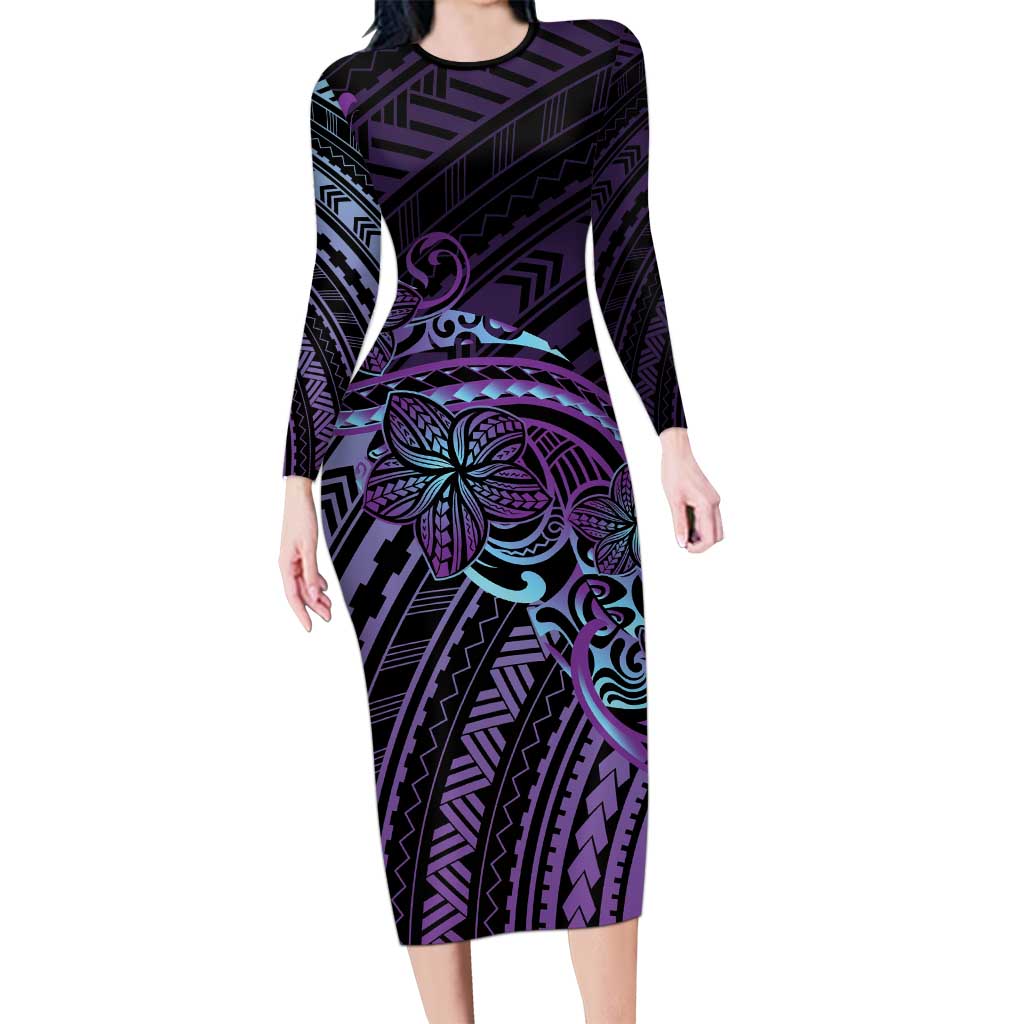Teal Purple Polynesia Plumeria Tattoo Long Sleeve Bodycon Dress LT14 Long Dress Purple - Polynesian Pride