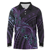 Teal Purple Polynesia Plumeria Tattoo Long Sleeve Polo Shirt