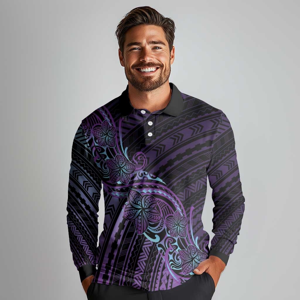 Teal Purple Polynesia Plumeria Tattoo Long Sleeve Polo Shirt
