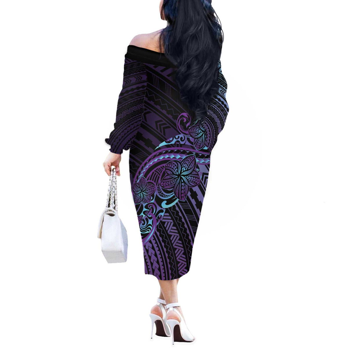 Teal Purple Polynesia Plumeria Tattoo Off The Shoulder Long Sleeve Dress LT14 - Polynesian Pride