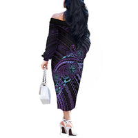 Teal Purple Polynesia Plumeria Tattoo Off The Shoulder Long Sleeve Dress LT14 - Polynesian Pride