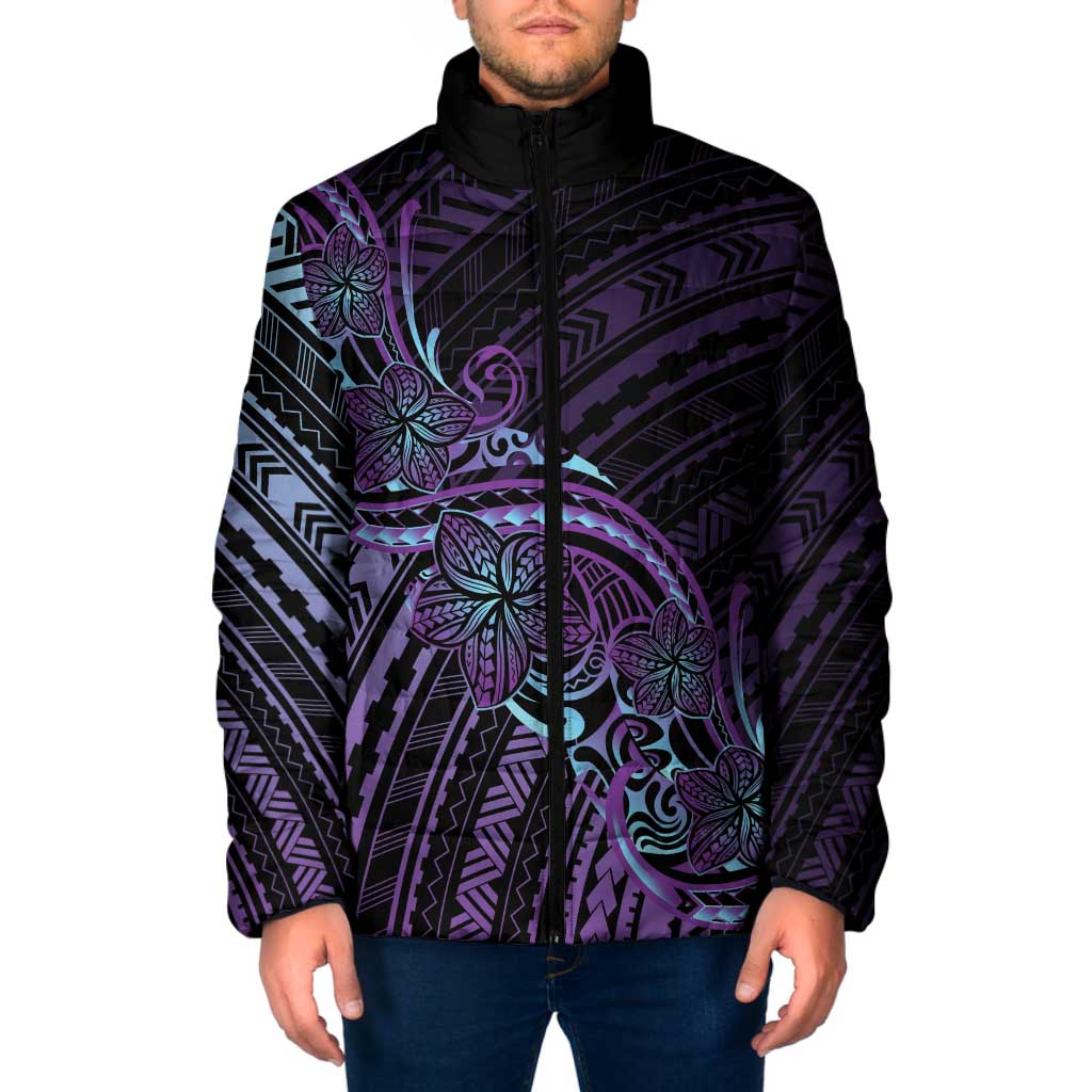 Teal Purple Polynesia Plumeria Tattoo Padded Jacket