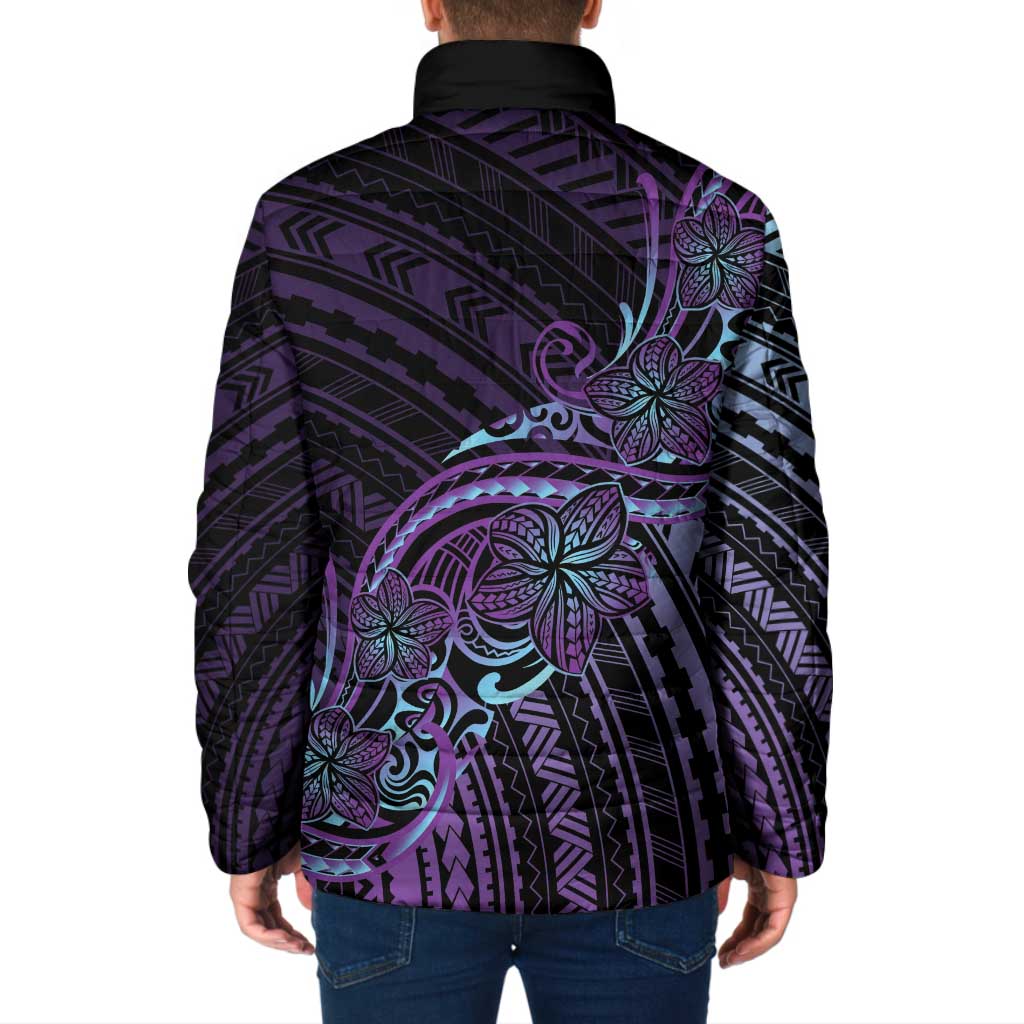 Teal Purple Polynesia Plumeria Tattoo Padded Jacket