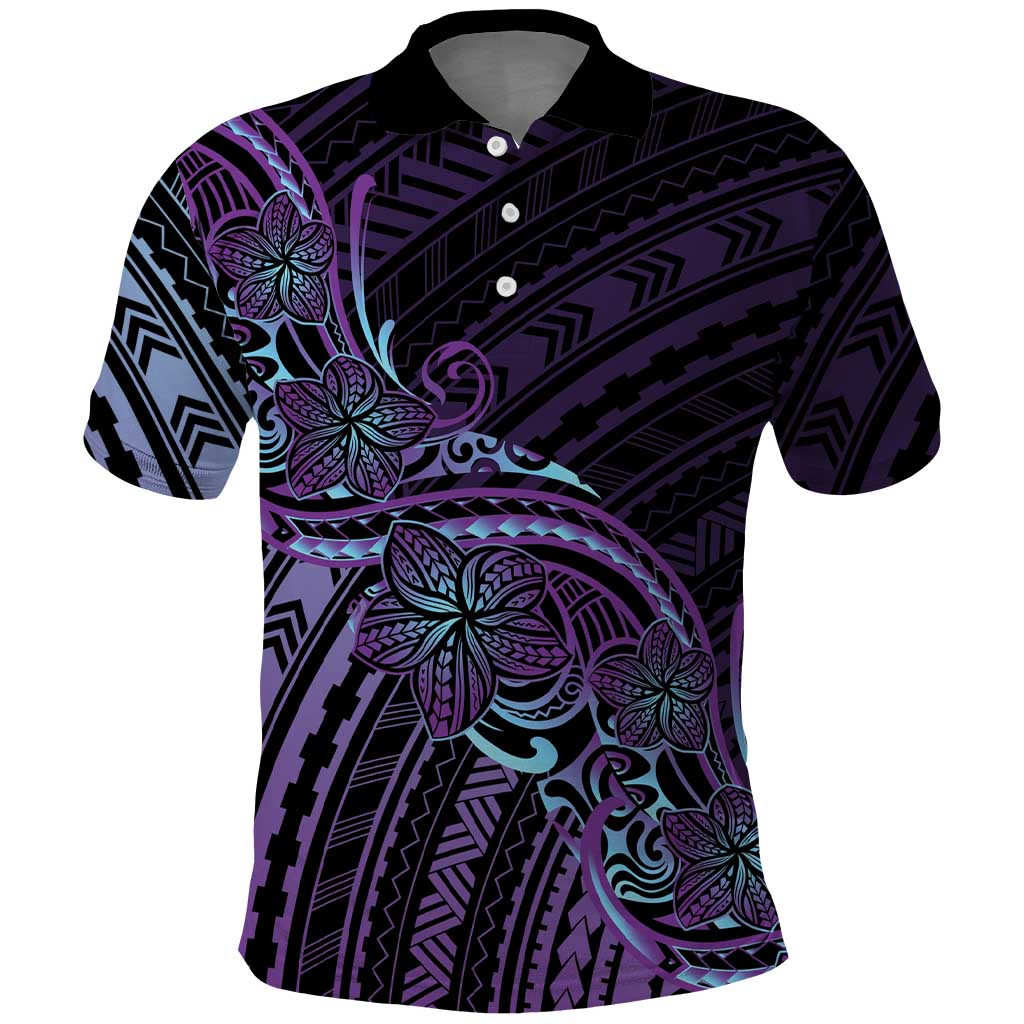 Teal Purple Polynesia Plumeria Tattoo Polo Shirt