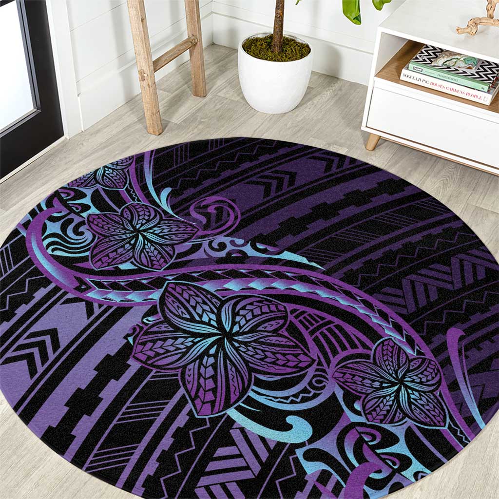 Teal Purple Polynesia Plumeria Tattoo Round Carpet