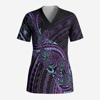 Teal Purple Polynesia Plumeria Tattoo Scrub Top