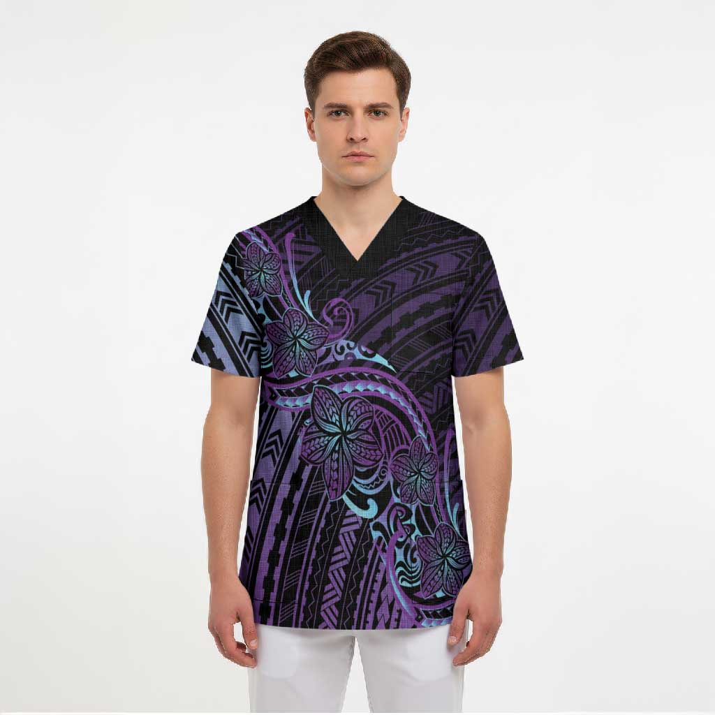 Teal Purple Polynesia Plumeria Tattoo Scrub Top