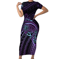 Teal Purple Polynesia Plumeria Tattoo Short Sleeve Bodycon Dress