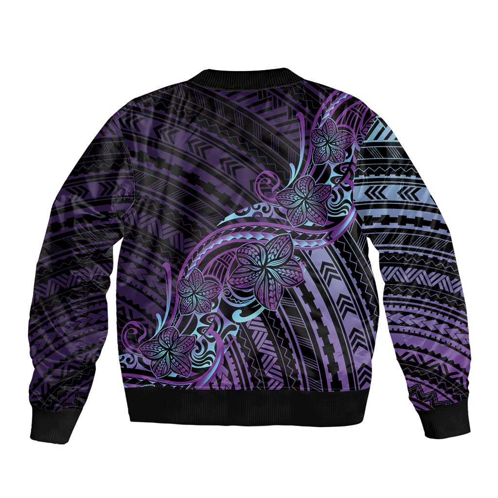 Teal Purple Polynesia Plumeria Tattoo Sleeve Zip Bomber Jacket