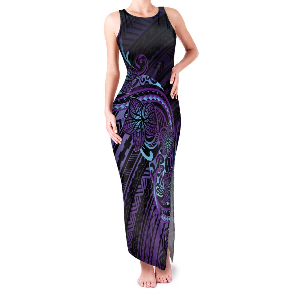 Teal Purple Polynesia Plumeria Tattoo Tank Maxi Dress