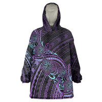 Teal Purple Polynesia Plumeria Tattoo Wearable Blanket Hoodie