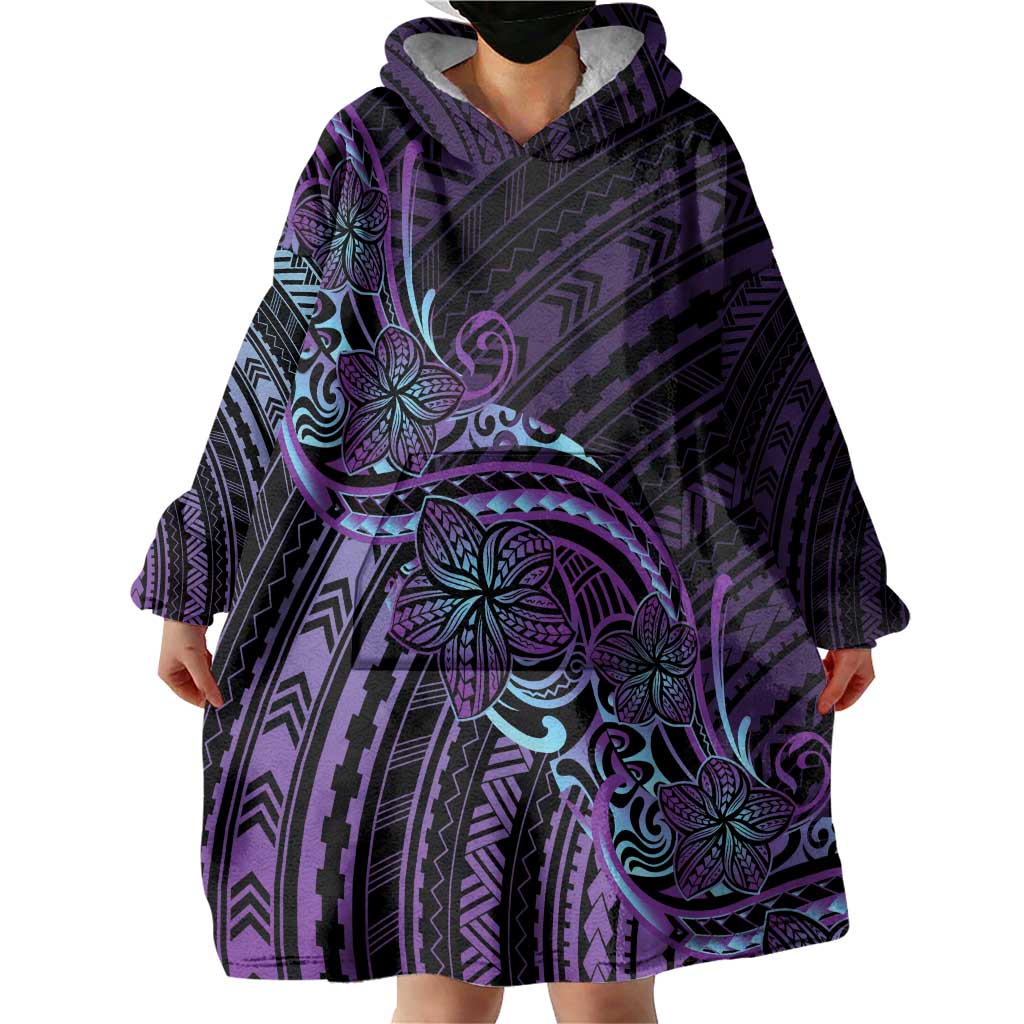 Teal Purple Polynesia Plumeria Tattoo Wearable Blanket Hoodie