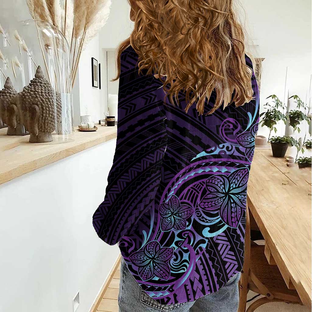 Teal Purple Polynesia Plumeria Tattoo Women Casual Shirt