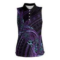 Teal Purple Polynesia Plumeria Tattoo Women Sleeveless Polo Shirt