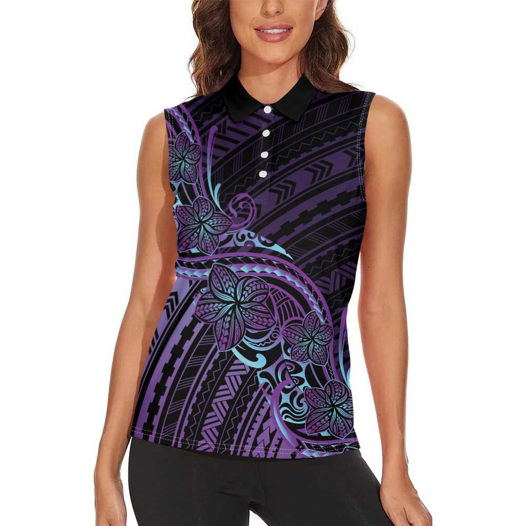 Teal Purple Polynesia Plumeria Tattoo Women Sleeveless Polo Shirt