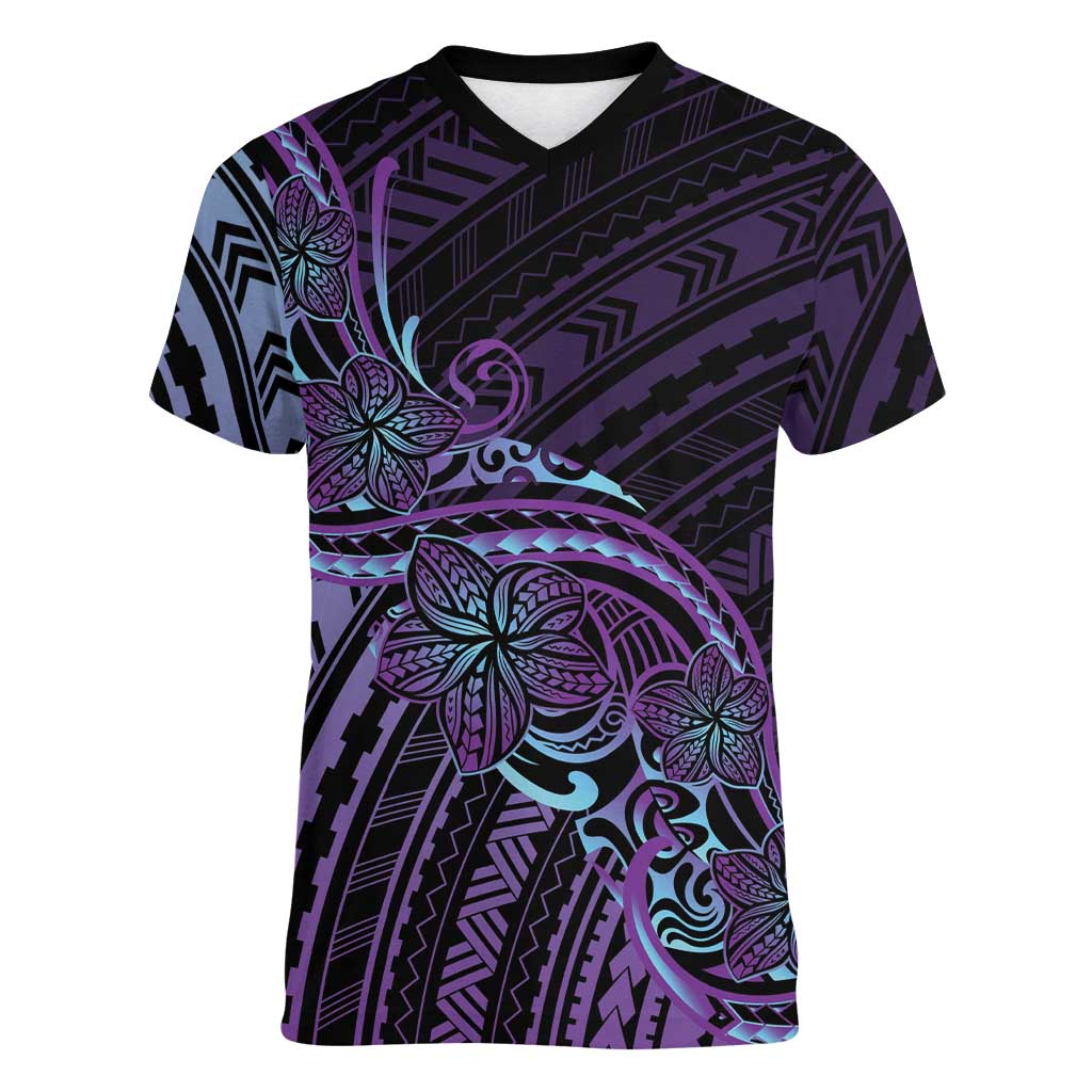 Teal Purple Polynesia Plumeria Tattoo Women V-Neck T-Shirt