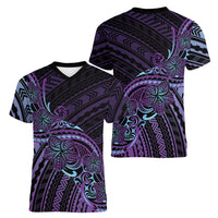 Teal Purple Polynesia Plumeria Tattoo Women V-Neck T-Shirt